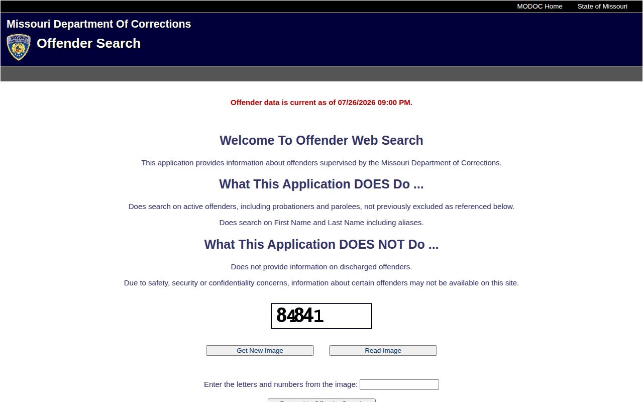 Missouri DOC search form for Saline County release and supervision records