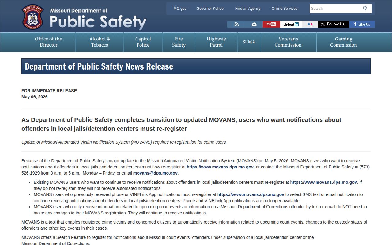 Saline County VINELink transition to MOVANS release alerts